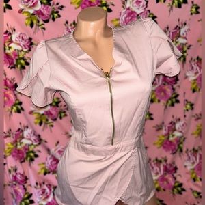 Jaanuu pink scalloped scrub esthetician top feminine XS cute blushing pink